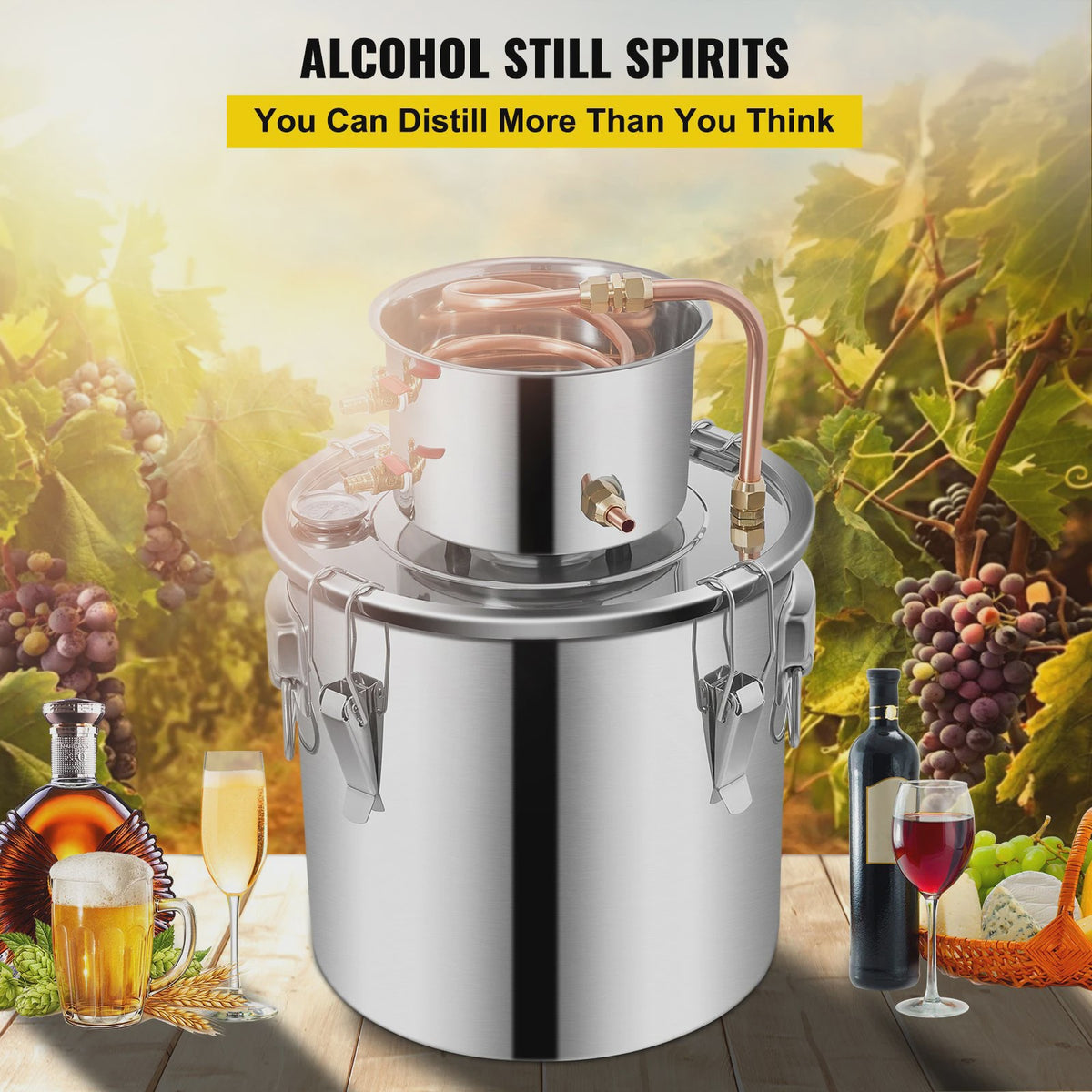 VEVOR 19L RVS Alcohol Distilleerder - Koperen Koeler voor Wijn, Whisky, Essentiële Olie
