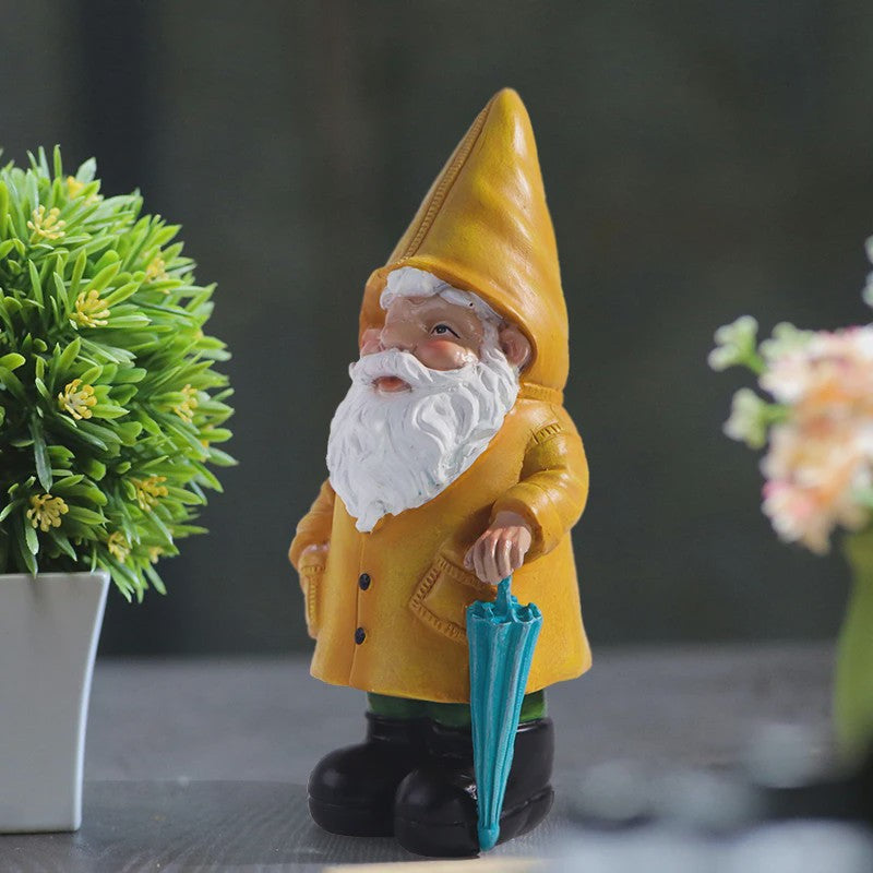 Vrolijke Tuinkabouter met Gele Regenjas en Paraplu - Tuindecoratie
