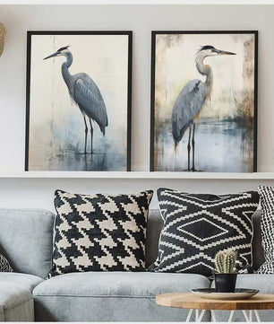 Minimalistische Blauwe Reiger Aquarel Poster - Stijlvolle Wanddecoratie