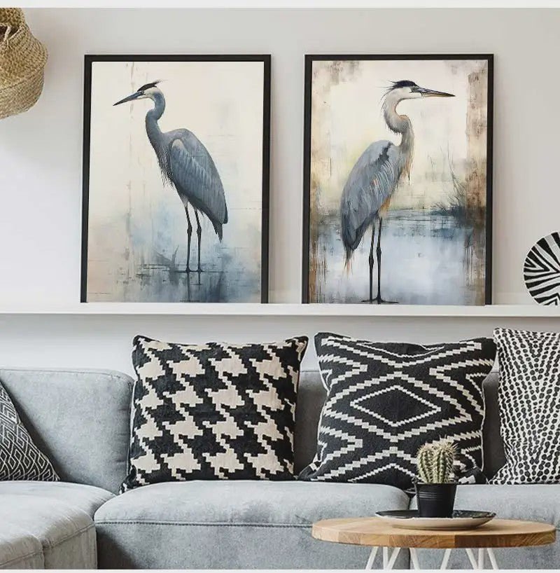 Minimalistische Blauwe Reiger Aquarel Poster - Stijlvolle Wanddecoratie