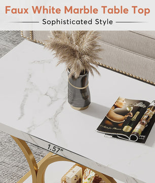 Moderne Rechthoekige Salontafel met 2 etages en Marmerlook & Gouden Frame