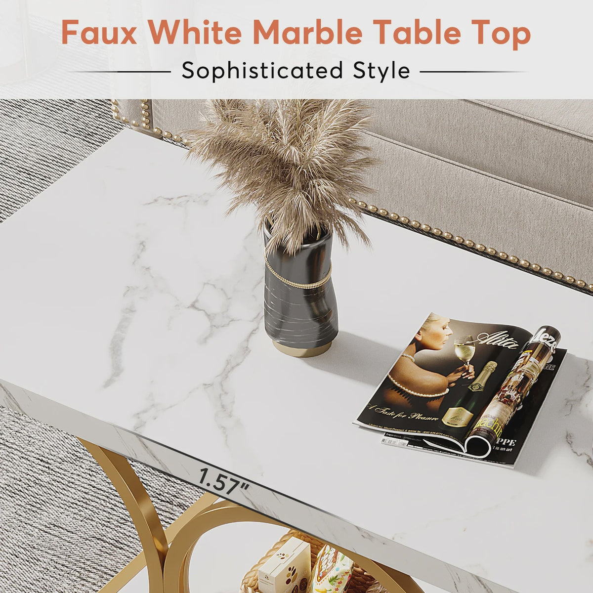 Moderne Rechthoekige Salontafel met 2 etages en Marmerlook & Gouden Frame
