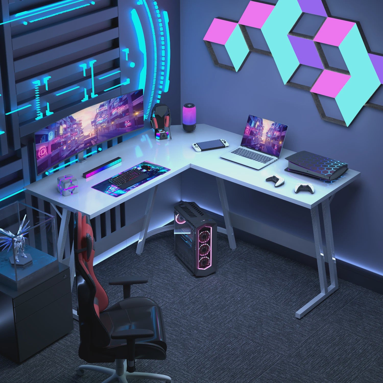 Devoko L-vormige Gaming Hoekbureau 130x130cm - Ruim PC Bureau met Monitorsteun