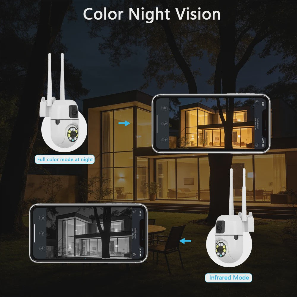 2x WiFi Dual Lens Beveiligingscamera - Waterdicht, Binnen/Buiten, Bewegingsdetectie, Cloud Opslag