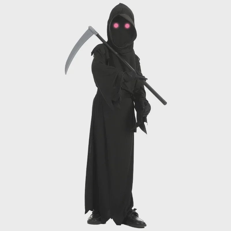 Kinder Halloween Kostuum Grim Reaper met Rode Oogjes en Zeis - Eng Duivel Spook Verkleedset