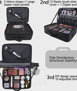 Grote Make-up Koffer met Verstelbare Vakverdeling & Schouderband - Reis Organizer