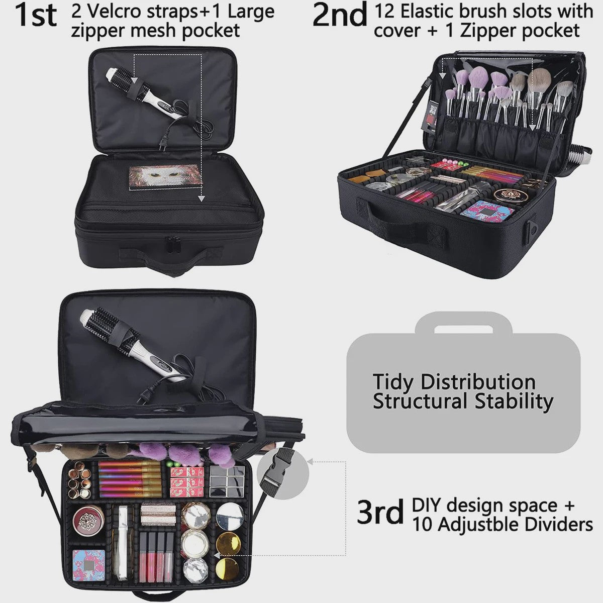 Grote Make-up Koffer met Verstelbare Vakverdeling & Schouderband - Reis Organizer