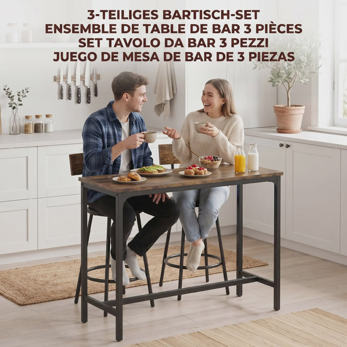 Homcom Bartafel Set met 2 Krukken - Hoog Keukentafelmeubel met PU-zittingen en Voetensteun - Bruin