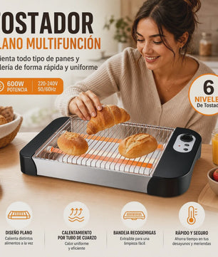 Multifunctionele Platte Broodrooster 600W met 6 Toastniveaus, Kwartslampen en Kruimellade - Ideaal voor Brood & Gebak