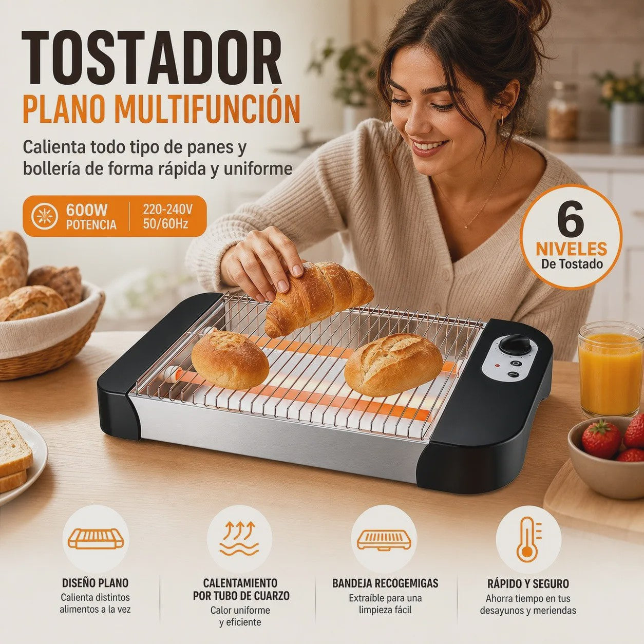 Multifunctionele Platte Broodrooster 600W met 6 Toastniveaus, Kwartslampen en Kruimellade - Ideaal voor Brood & Gebak