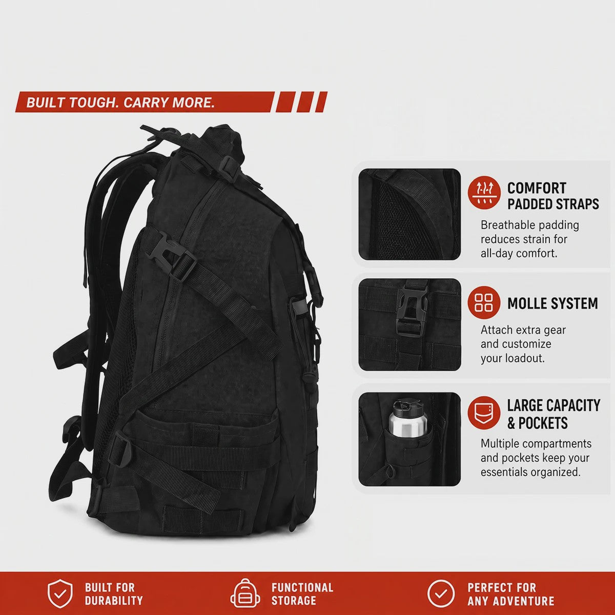 Tactische Rugzak 35L - Molle Systeem, Reflecterende Strips, Outdoor & Hiking