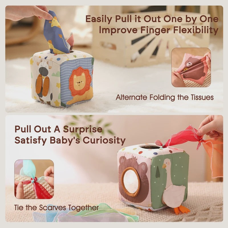 Montessori Stoffen Tissue Box Speelgoed - Educatief Sensorisch Speelgoed voor Baby's met Vinger Oefening