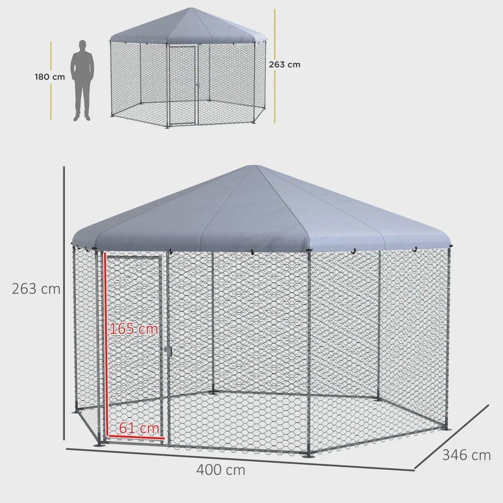 Grote Stalen Kippenhok Buiten met Dak - 400x346x263cm - Grijs - Ruim voor 10-15 Kippen & Kleine Dieren