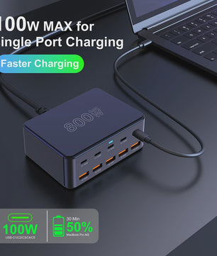 800W GaN Snellader met 10 Poorten (5x USB-C 100W, 5x USB-A 60W) - PD3.0 PPS QC3.0