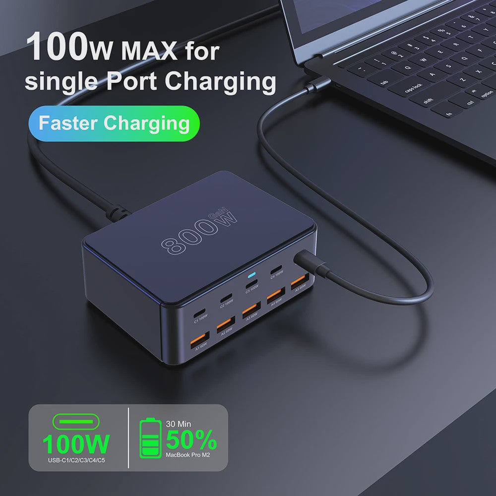 800W GaN Snellader met 10 Poorten (5x USB-C 100W, 5x USB-A 60W) - PD3.0 PPS QC3.0