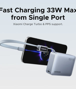 UGREEN Mini Powerbank 10000mAh met Ingebouwde USB-C Kabel - 33W PD Snelladen