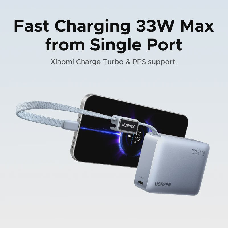 UGREEN Mini Powerbank 10000mAh met Ingebouwde USB-C Kabel - 33W PD Snelladen