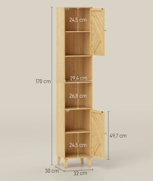 Smalle Bamboe Badkamerkast met Deuren, Open Vakken en Verstelbare Planken - 32x30x170 cm