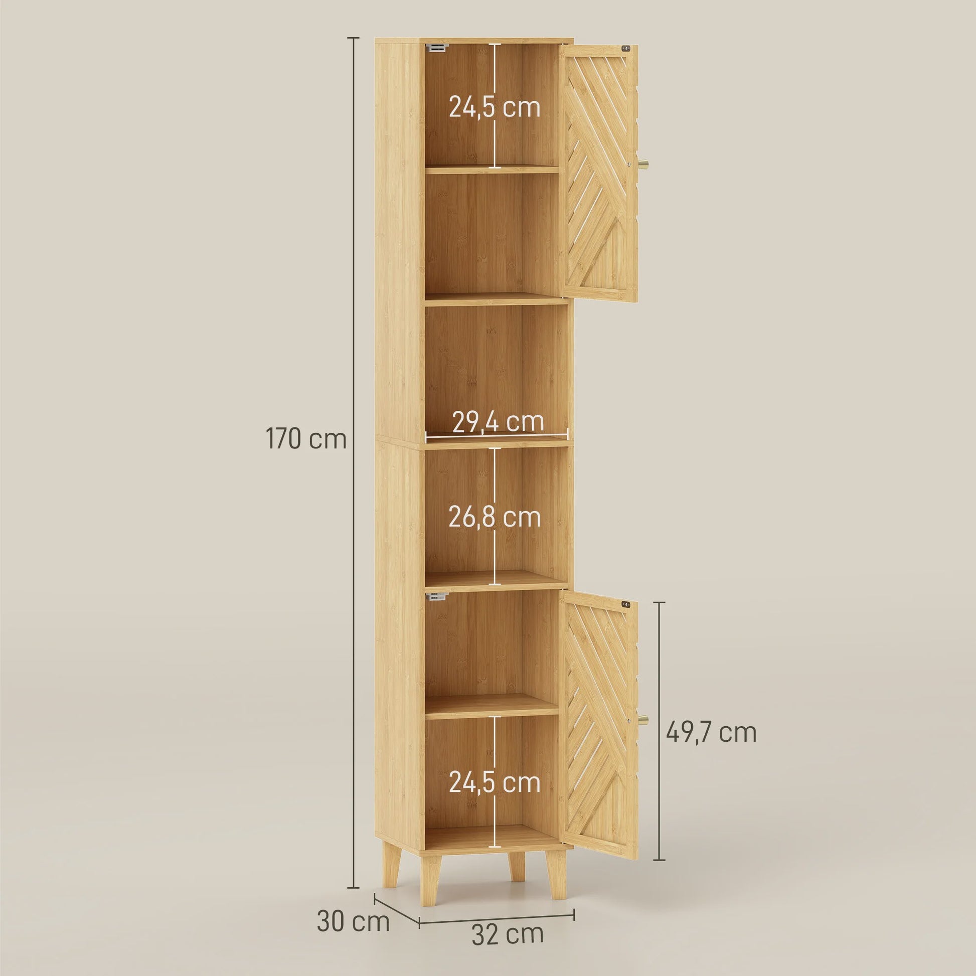 Smalle Bamboe Badkamerkast met Deuren, Open Vakken en Verstelbare Planken - 32x30x170 cm