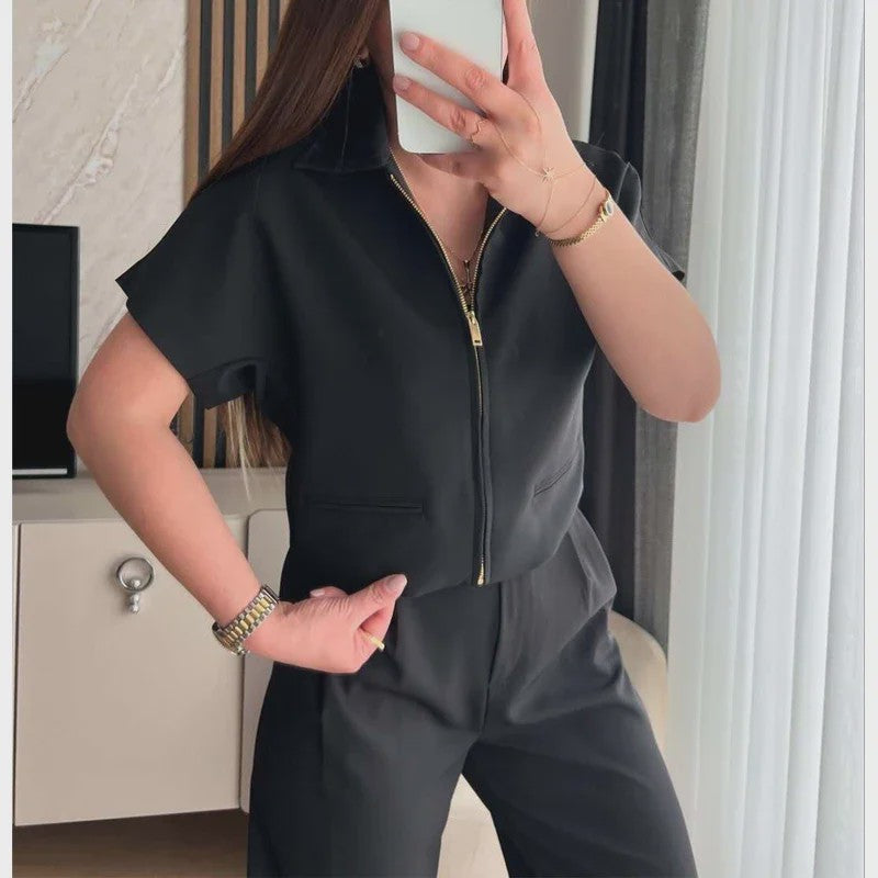 Dames Cropped Jack met Korte Mouwen - Zomerse Varsity Stijl met Rits