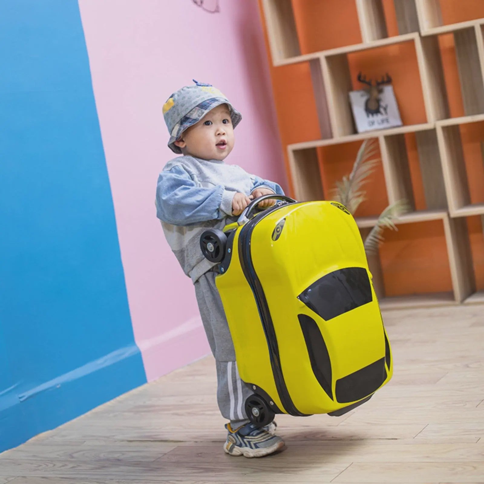 Vrolijke Kinder Koffer op Wielen - Cartoon Auto Design - Lichtgewicht Trolley voor Kinderen (2-10 jaar)