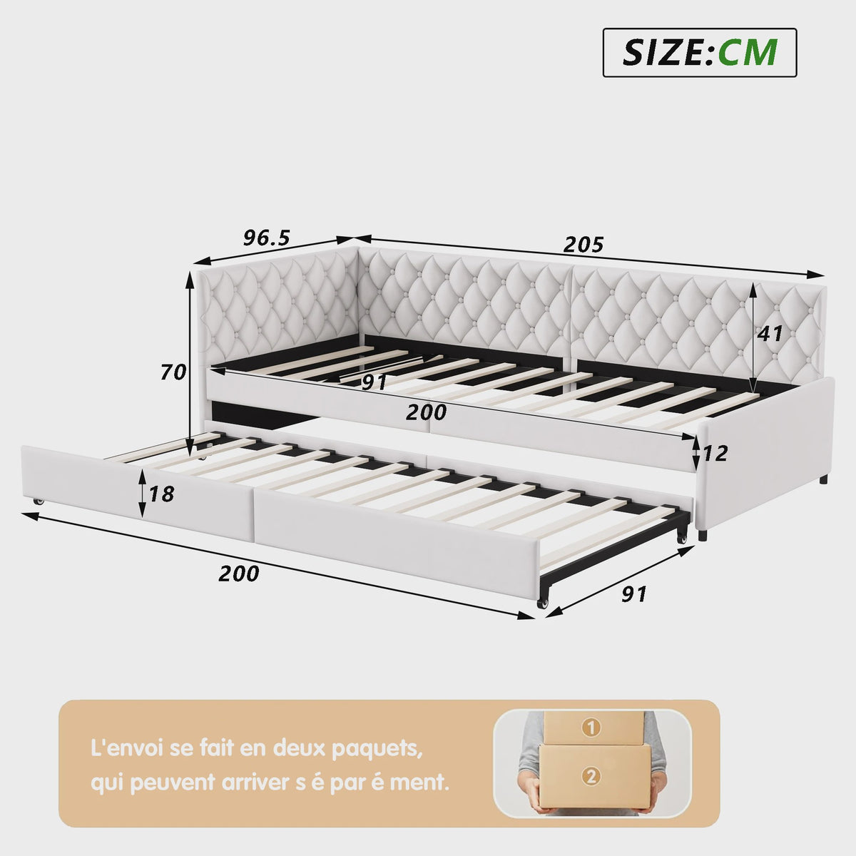 Gestoffeerd Daybed 90x200 cm met Uitschuifbaar Extra Bed - Sofa en Enkel Bed