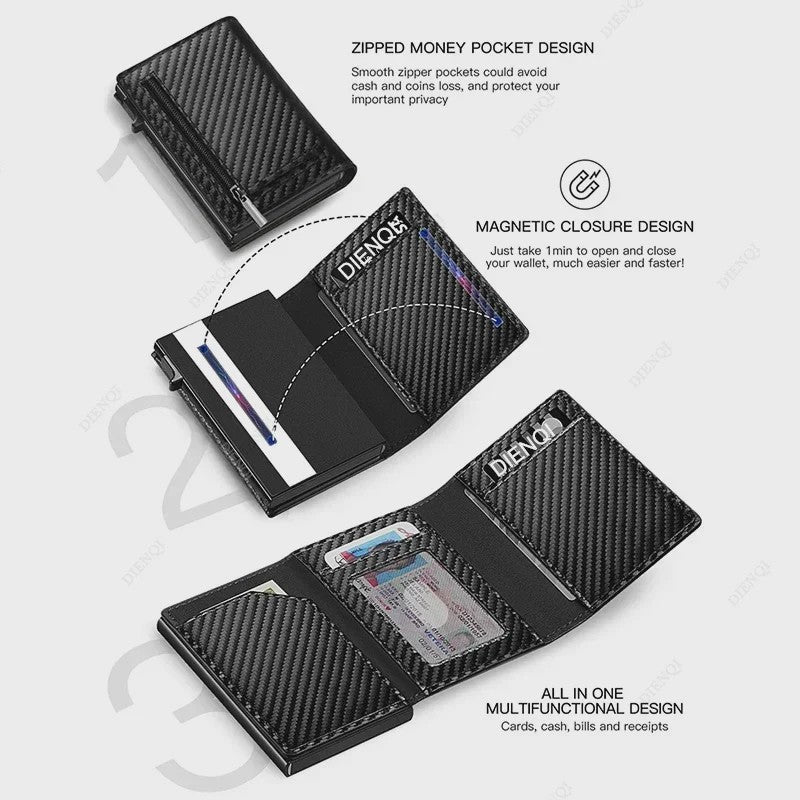 Luxe Carbon Fiber RFID Portemonnee Kaarthouder met Muntvak en Sneltoegang