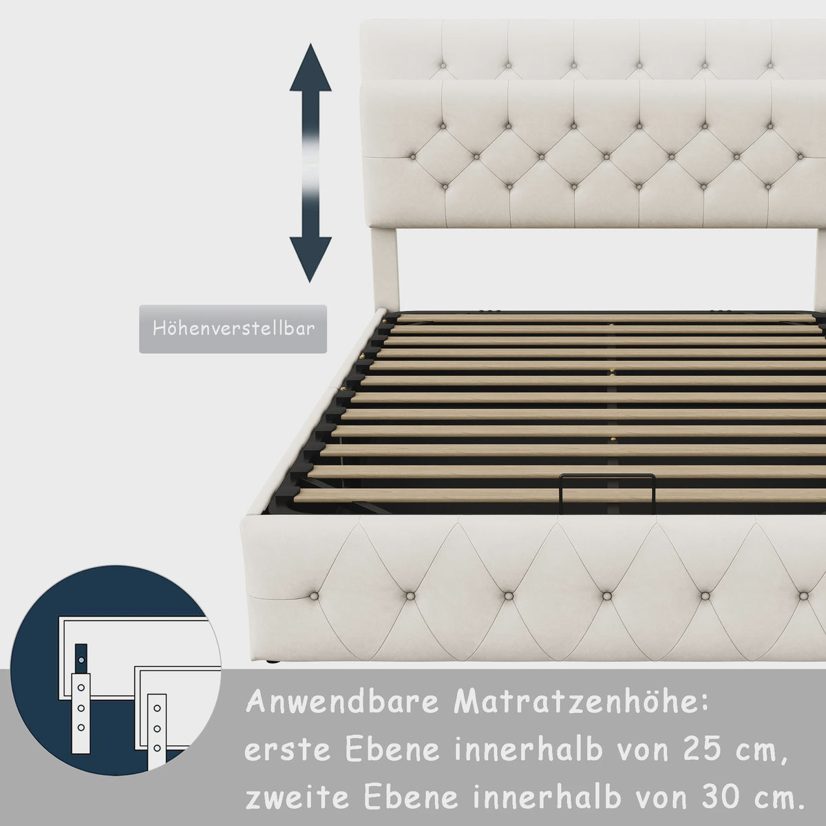 Luxe Boxspringbed 140x200 cm Beige Fluweel met Hydraulische Opbergruimte en LED-verlichting