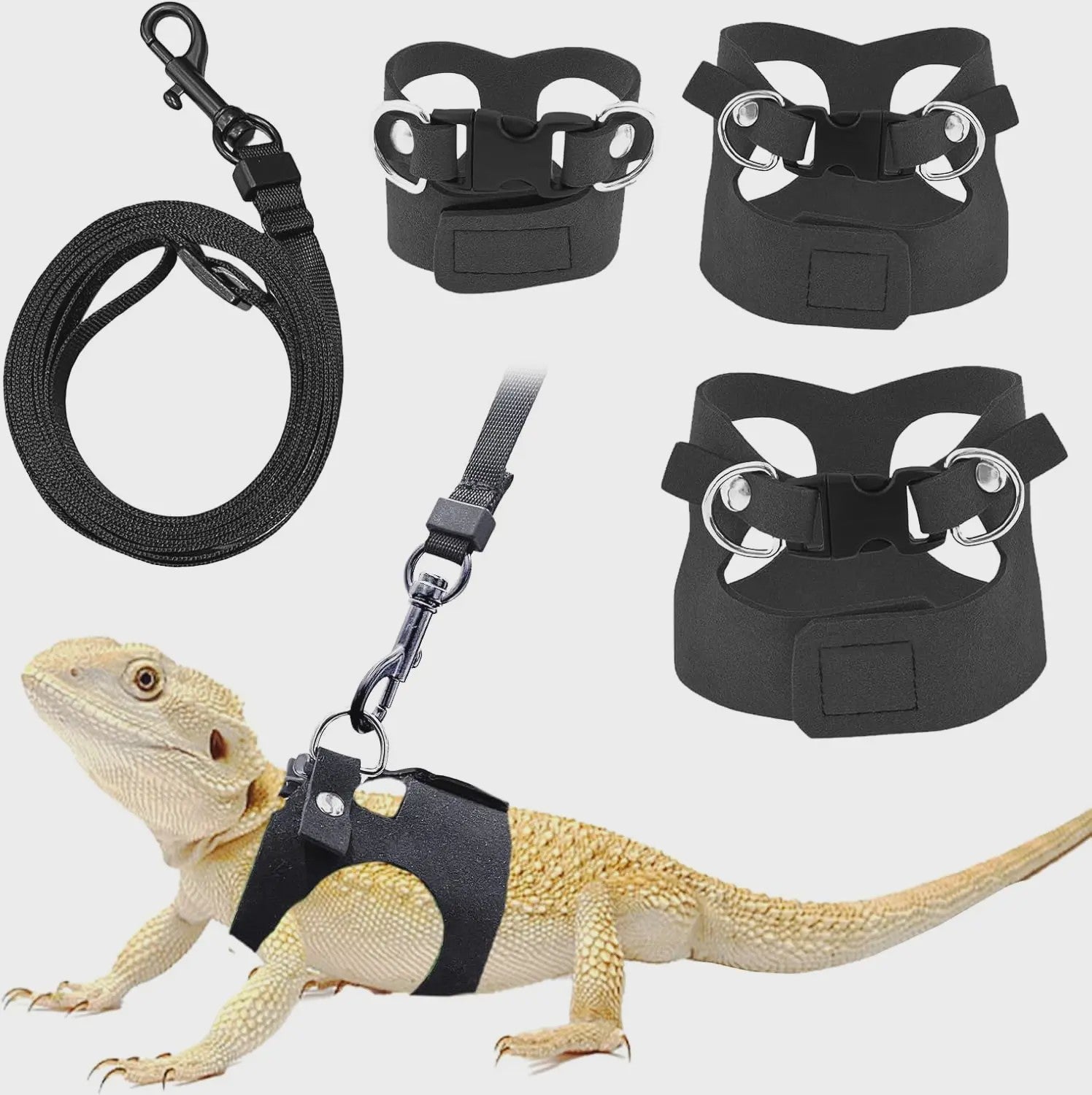 Verstelbaar Reptiel Harnas met Leiband Set voor Baardagame - 3 Maten, Zacht Leer