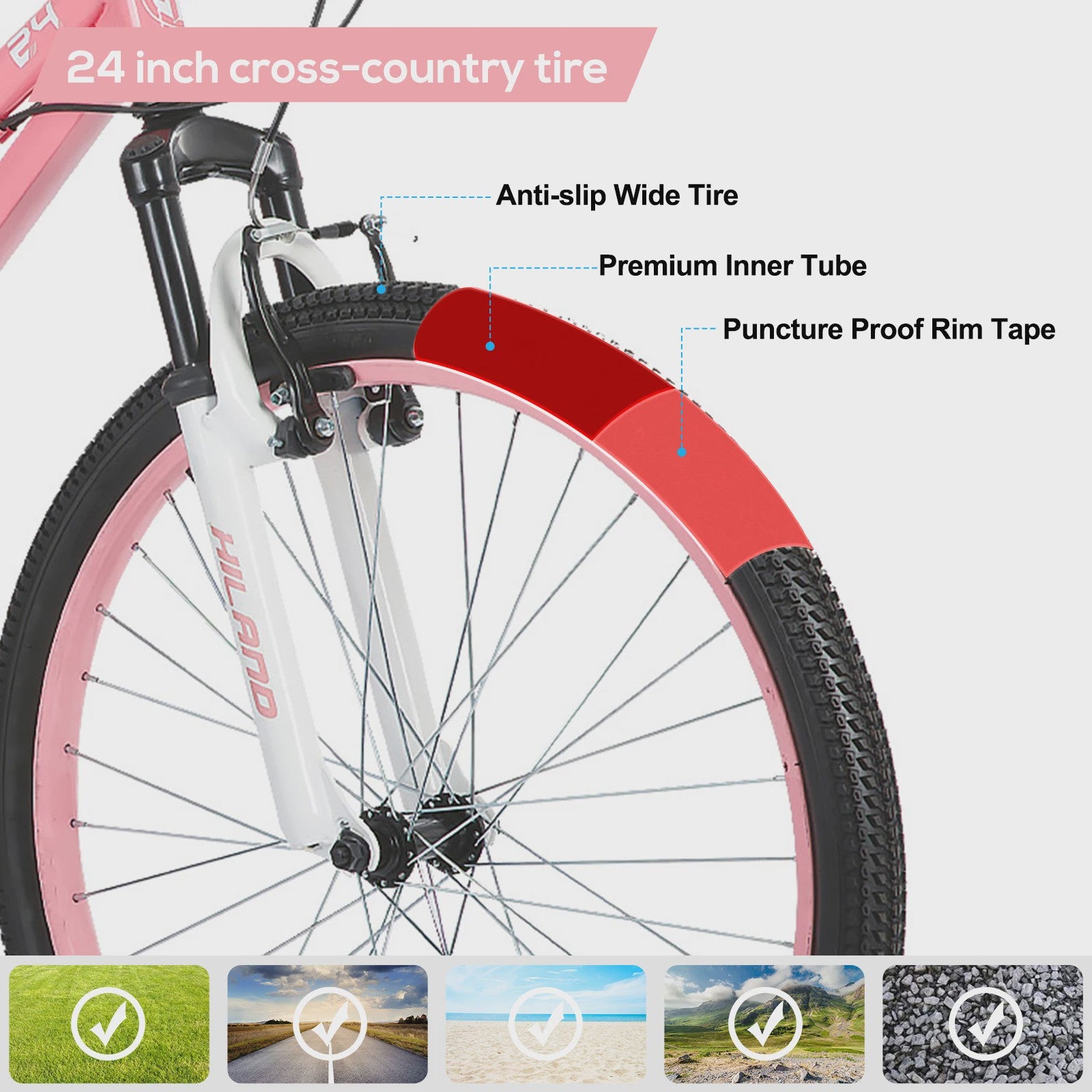 Hiland 24 Inch Kinder Mountainbike met Voorvering - Fiets voor Jongens & Meisjes (7-15 jaar)