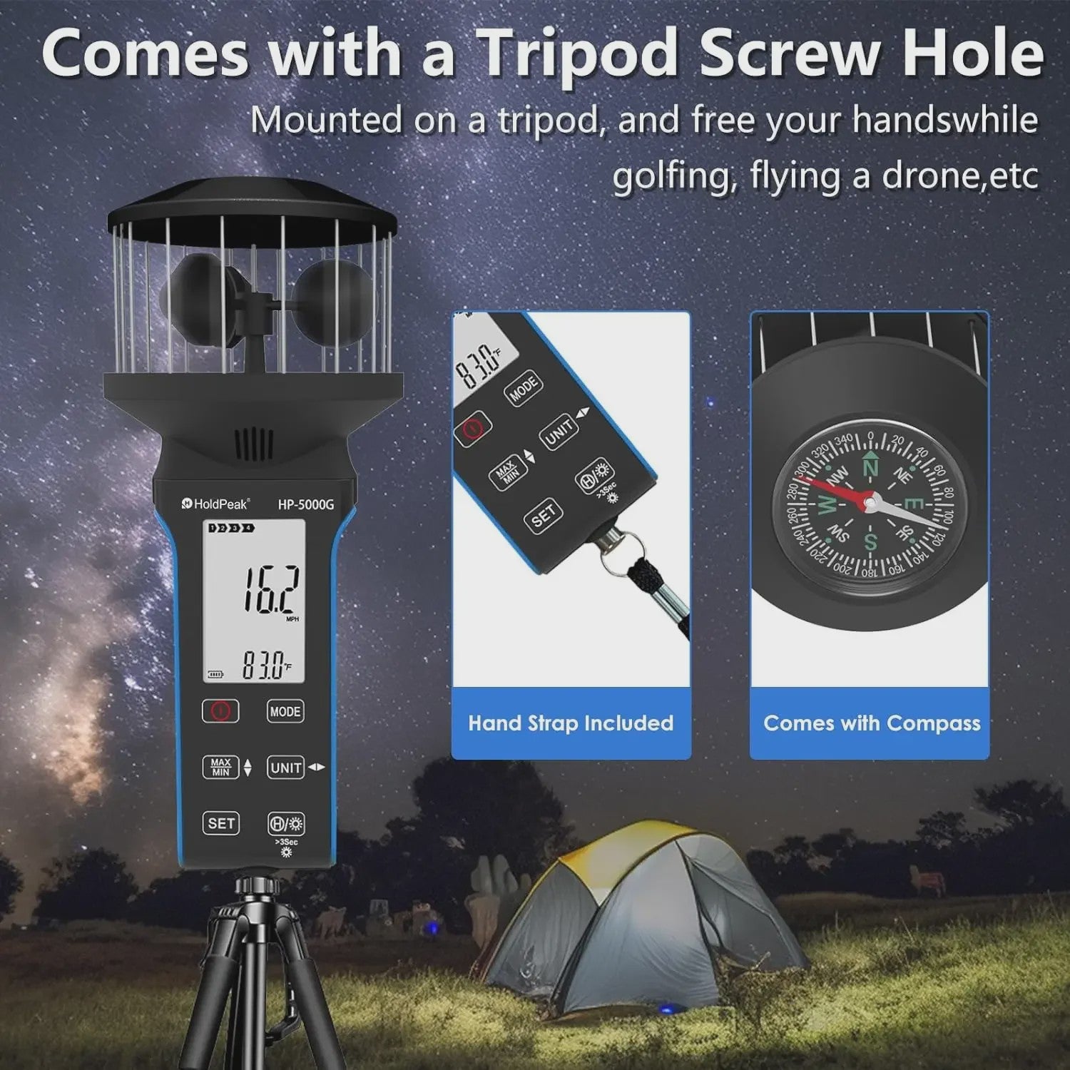 HP-5000G Digitale Anemometer: Compact, Waterdicht, Oplaadbaar met Touchscreen & Backlight