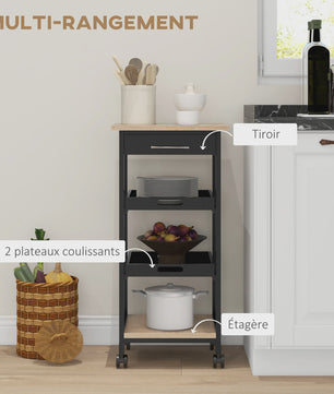 HOMCOM Keuken Trolley met Wielen, 2 Verwijderbare Dienbladen en Lade - Licht Eiken & Zwart