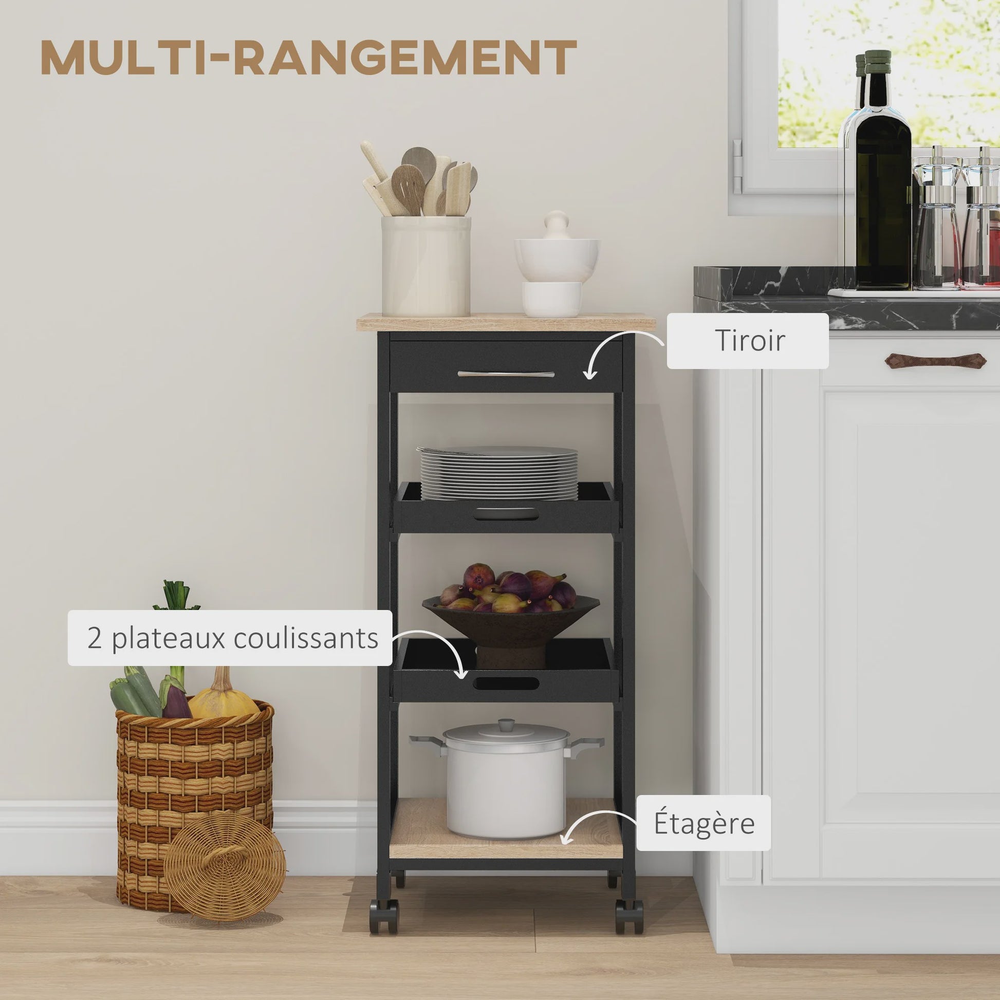 HOMCOM Keuken Trolley met Wielen, 2 Verwijderbare Dienbladen en Lade - Licht Eiken & Zwart