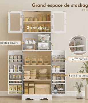 Stijlvolle Witte Buffetkast Keukenkast met Vitrine, 4 Deuren en 8 Kruidenrekken - Ideaal voor Keuken en Servies