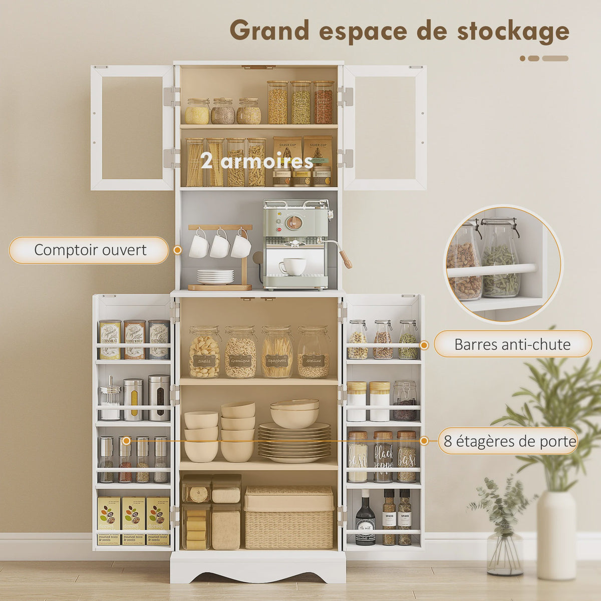 Stijlvolle Witte Buffetkast Keukenkast met Vitrine, 4 Deuren en 8 Kruidenrekken - Ideaal voor Keuken en Servies