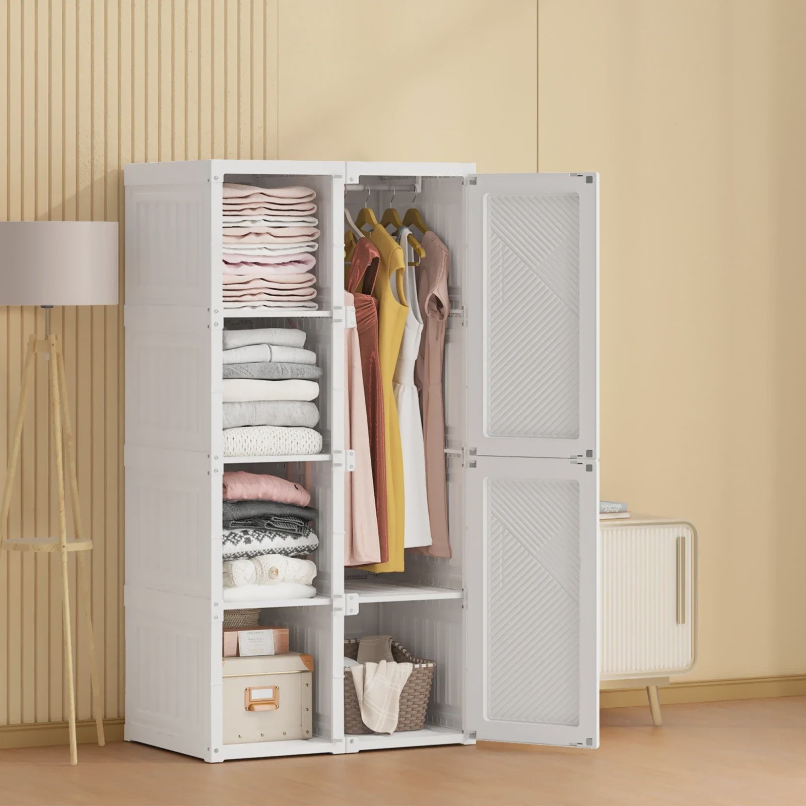 Draagbare Opvouwbare Garderobekast Organizer - Wit ABS Plastic Kledingkast met Deuren