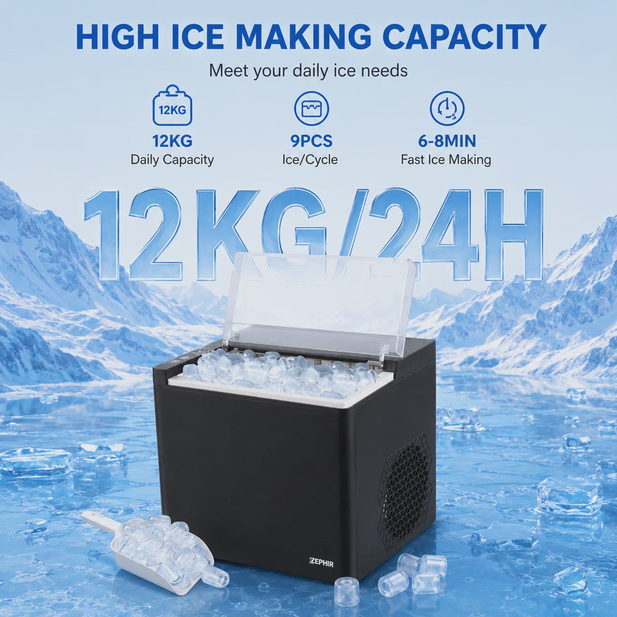 Compacte IJsmachine voor aanrecht - 12KG/24H - Zelfreinigend - Bullet IJs - 1.5L Tank