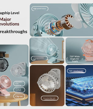 Draagbare Oplaadbare Clip Ventilator met Nachtlampje - 720° Draaibaar & Stille Werking