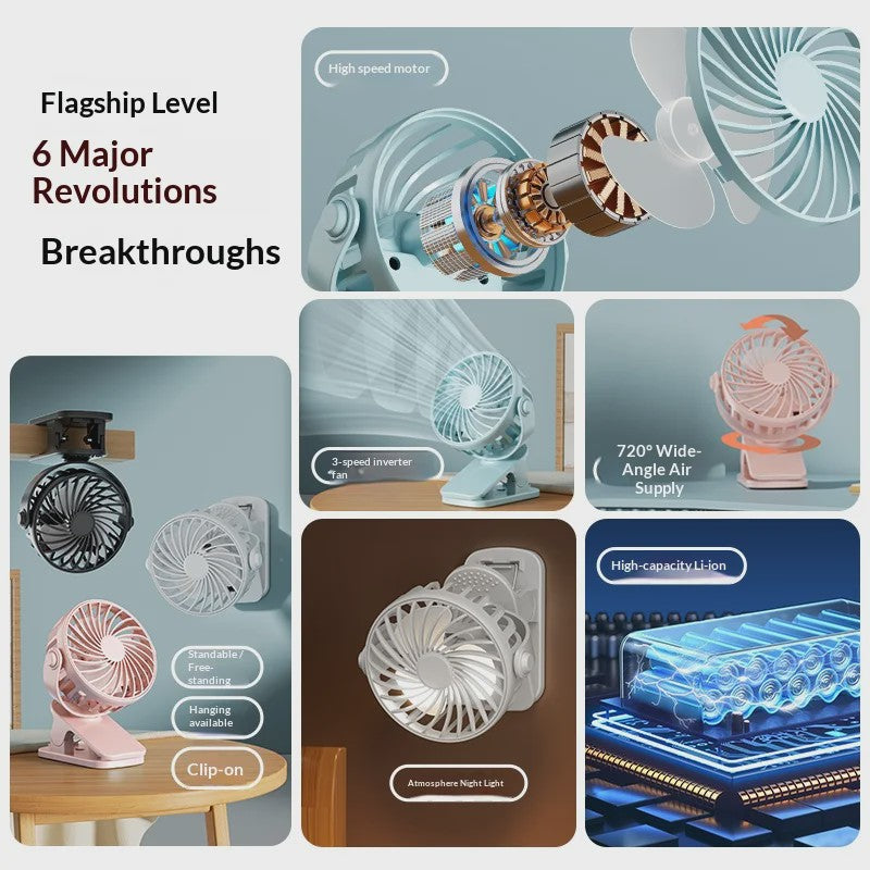 Draagbare Oplaadbare Clip Ventilator met Nachtlampje - 720° Draaibaar & Stille Werking