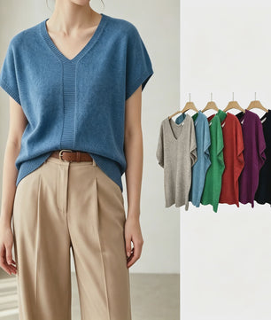 Oversized V-hals Trui Dames - Korte Mouw Gebreid Top
