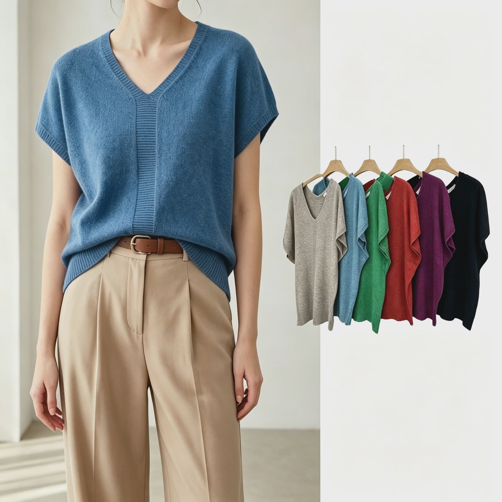 Oversized V-hals Trui Dames - Korte Mouw Gebreid Top