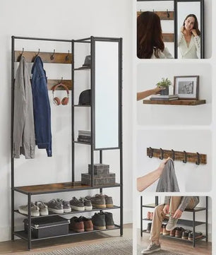 VASAGLE Kapstok met Schoenenbank, Spiegel en Opbergvakken - 35x98x182 cm - Industrieel Design