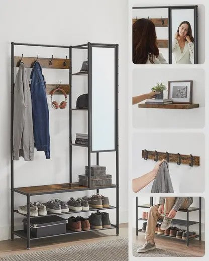 VASAGLE Kapstok met Schoenenbank, Spiegel en Opbergvakken - 35x98x182 cm - Industrieel Design