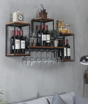 Industriële Houten Wijnrek Wandmontage met Glashouder - Bar & Café Stijl