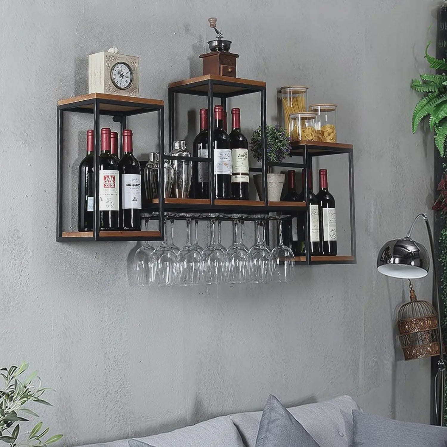 Industriële Houten Wijnrek Wandmontage met Glashouder - Bar & Café Stijl