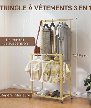 HOMCOM Bamboe Kledingrek met Wielen - Stijlvolle Garderobe voor Slaapkamer en Wasruimte