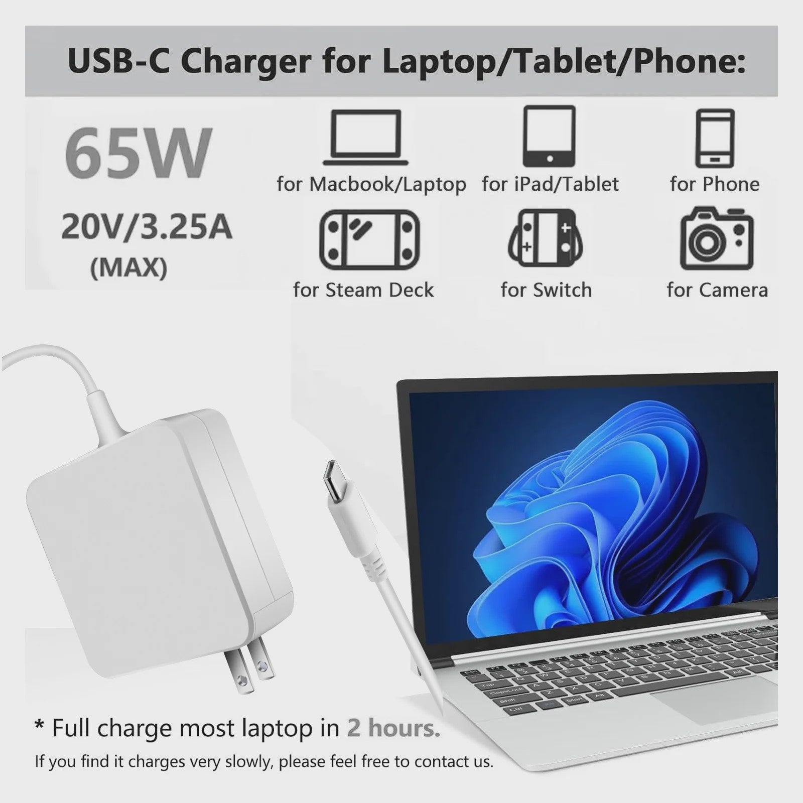 65W USB-C Snellader PD Adapter voor Laptops | MacBook, Dell, HP, Lenovo