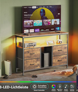 Industrieel TV-meubel 108cm met 4 Stoffen Lades en RGB LED-verlichting