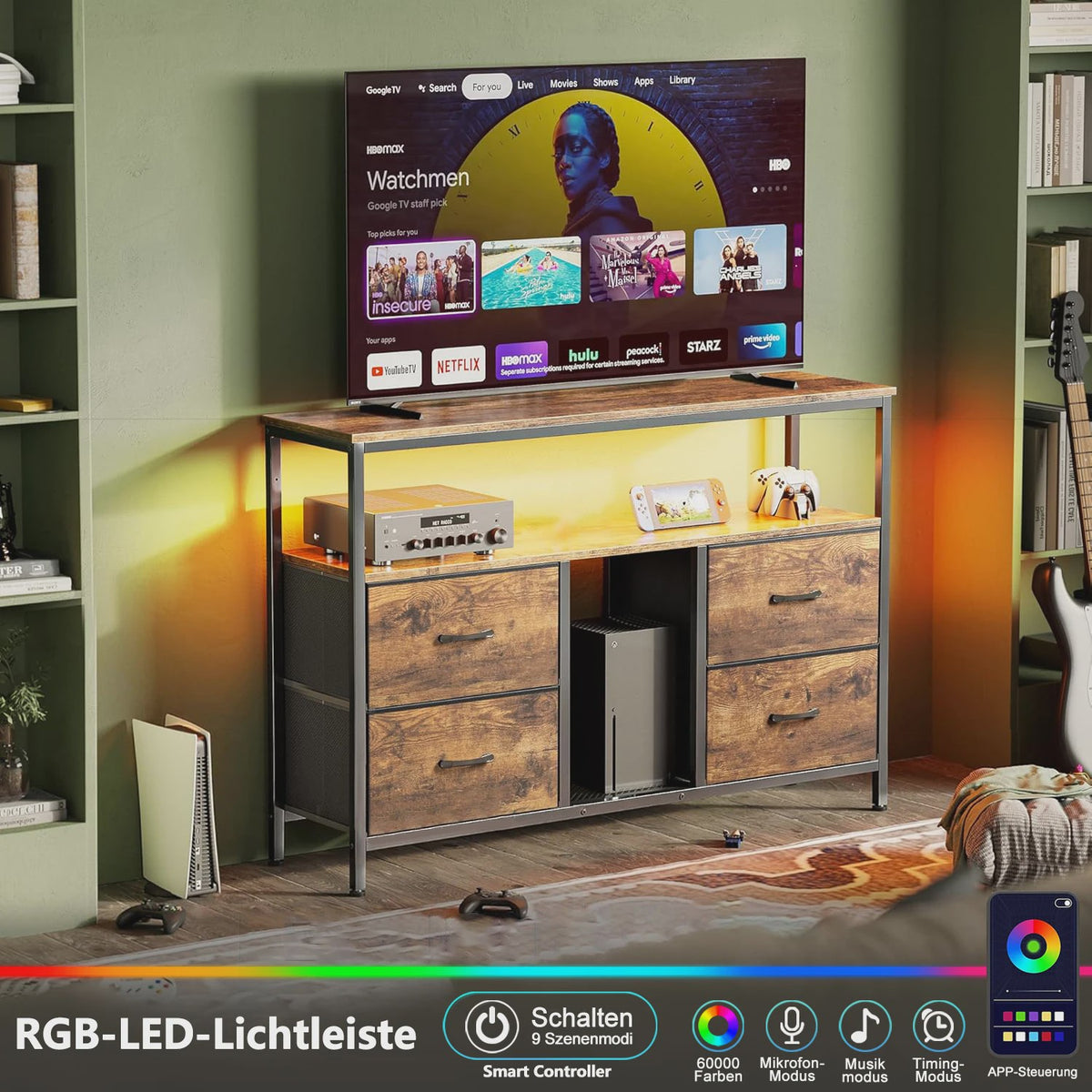 Industrieel TV-meubel 108cm met 4 Stoffen Lades en RGB LED-verlichting