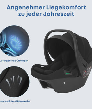Babyvoyage Zwarte I-Size Babyautostoel met Isofix Basis, UPF45+ Zonbescherming en Ademend Mesh